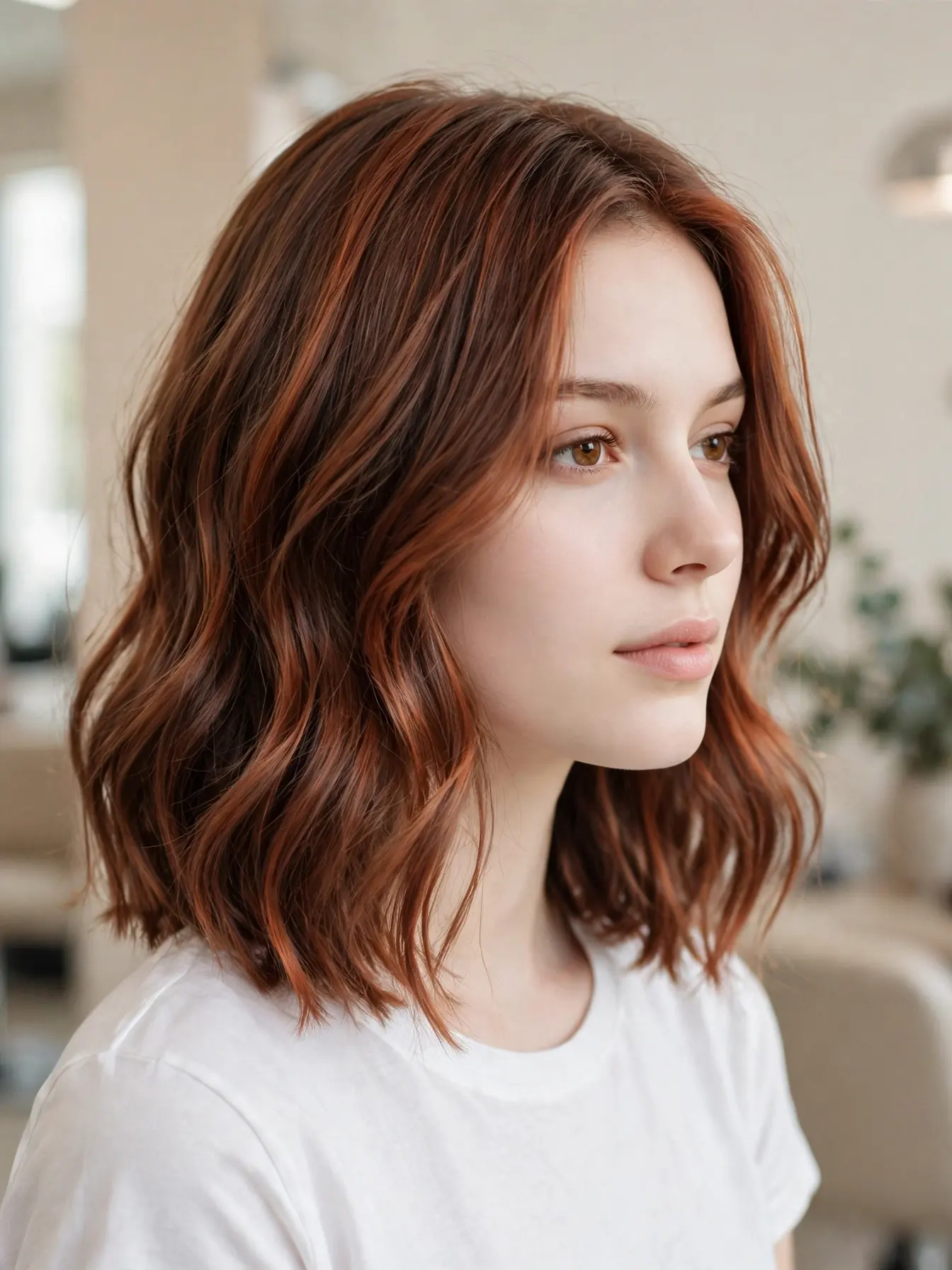 Oxidized copper hair on a blunt shoulder-length lob with soft waves