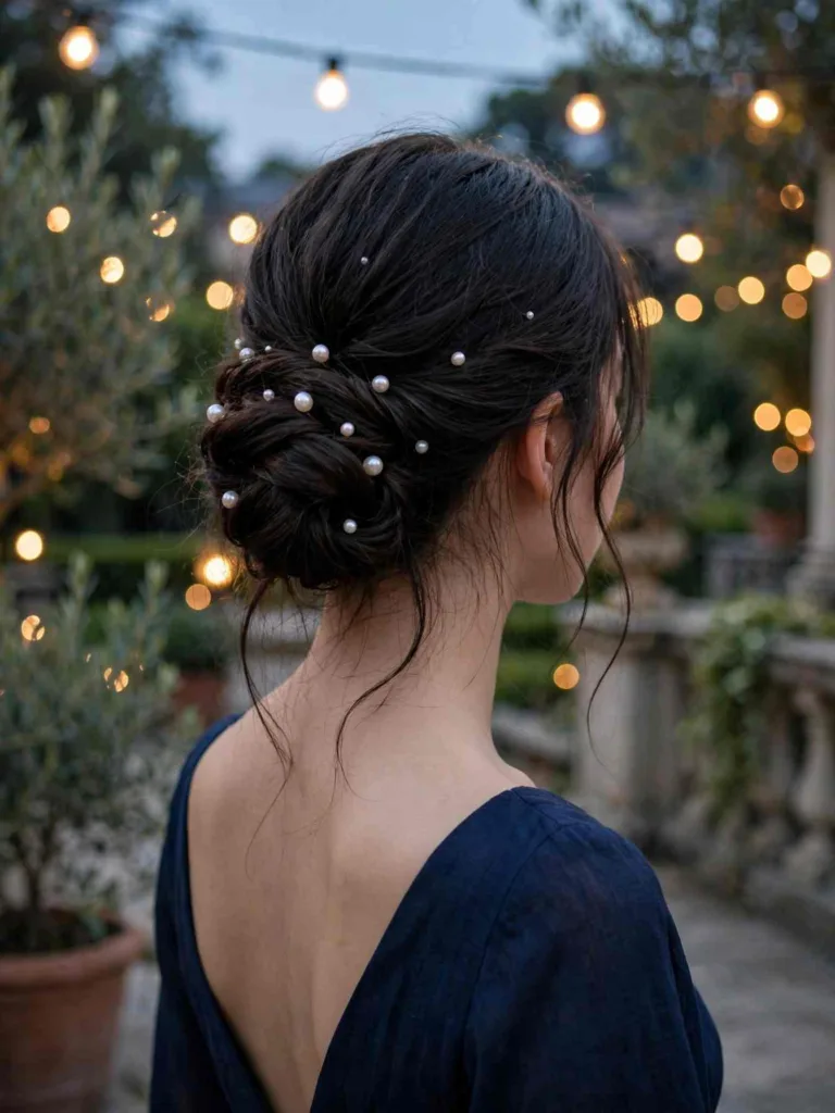 Low twisted chignon with scattered pearl pins