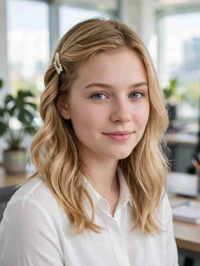 Small pearl claw clip securing a side twist on medium hair