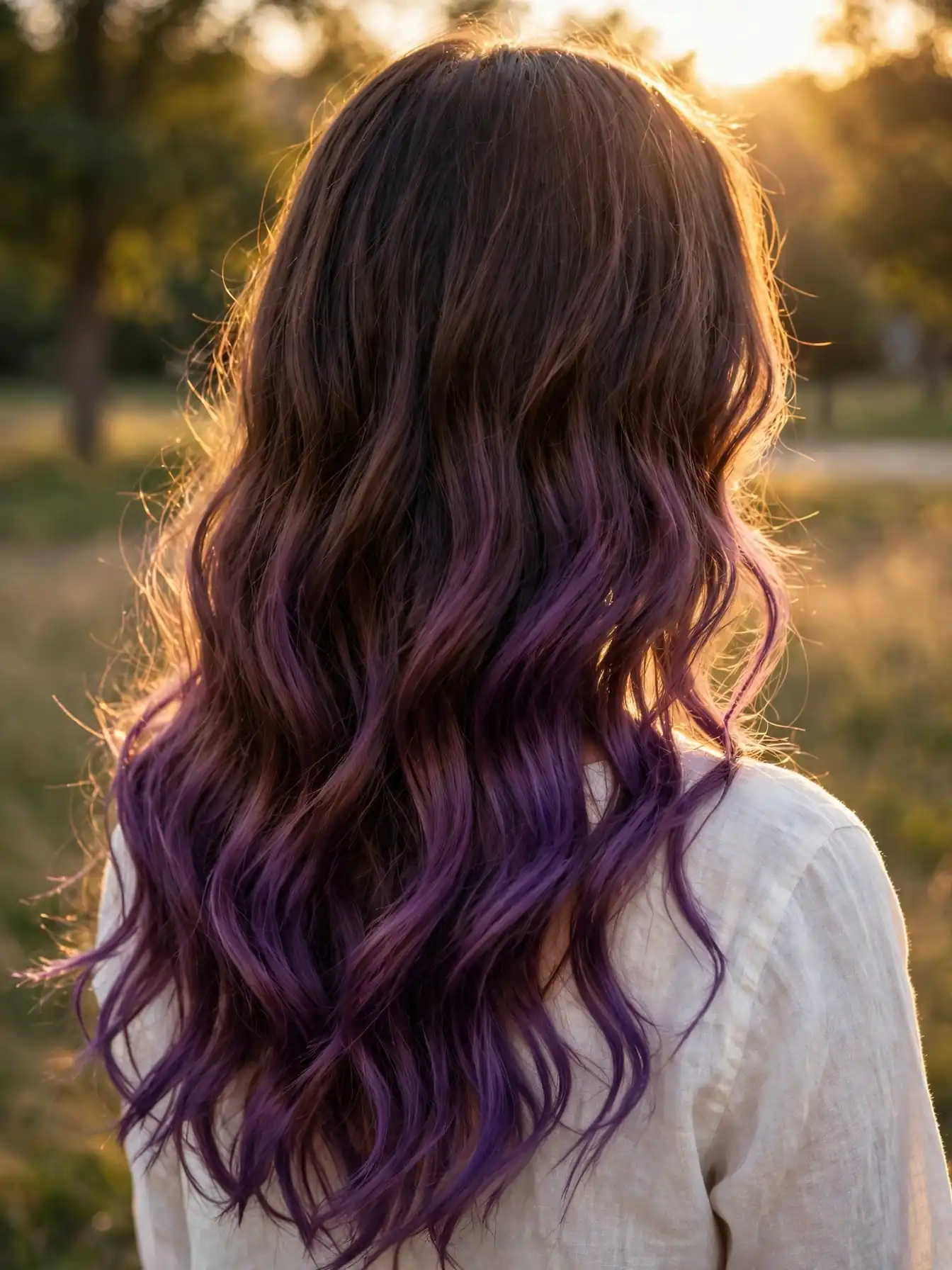 Plum ombre melting from dark brown roots to violet ends