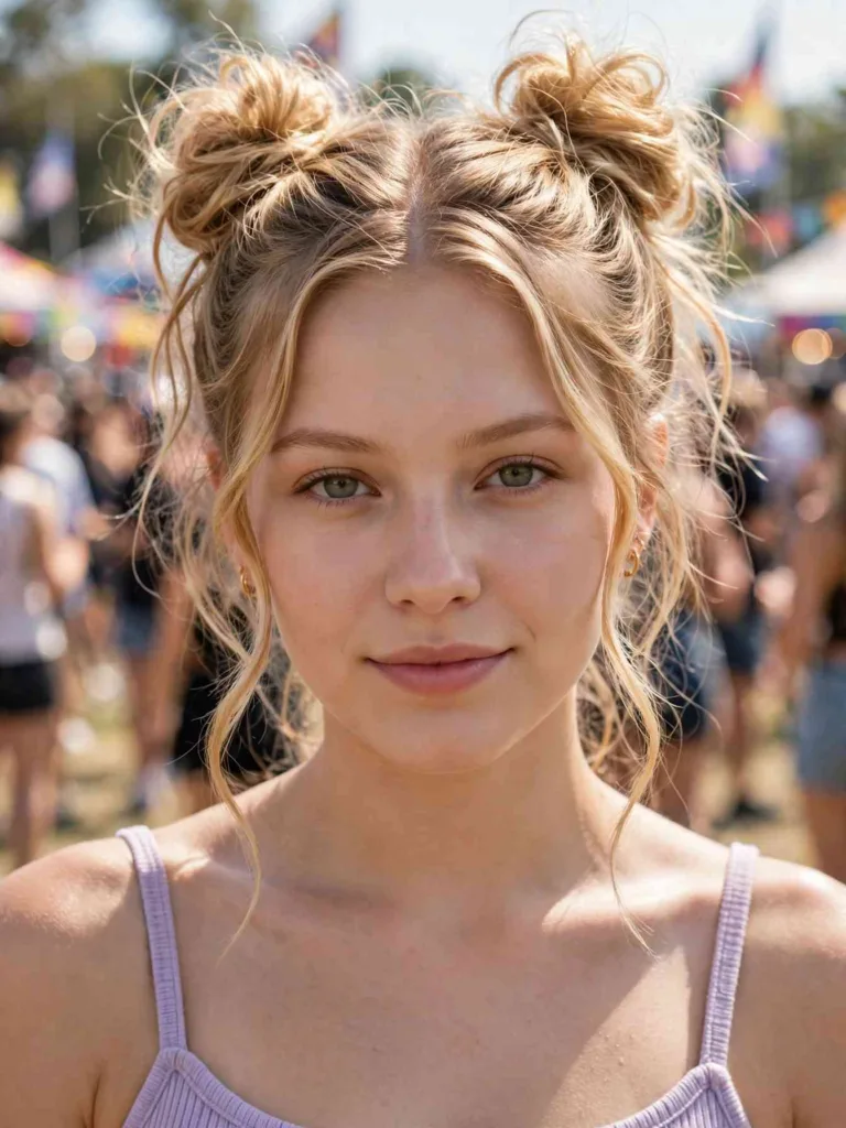 Woman with two messy space buns and face-framing tendrils