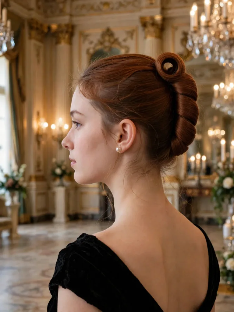 Classic French twist updo with a vertical roll and pearl earrings