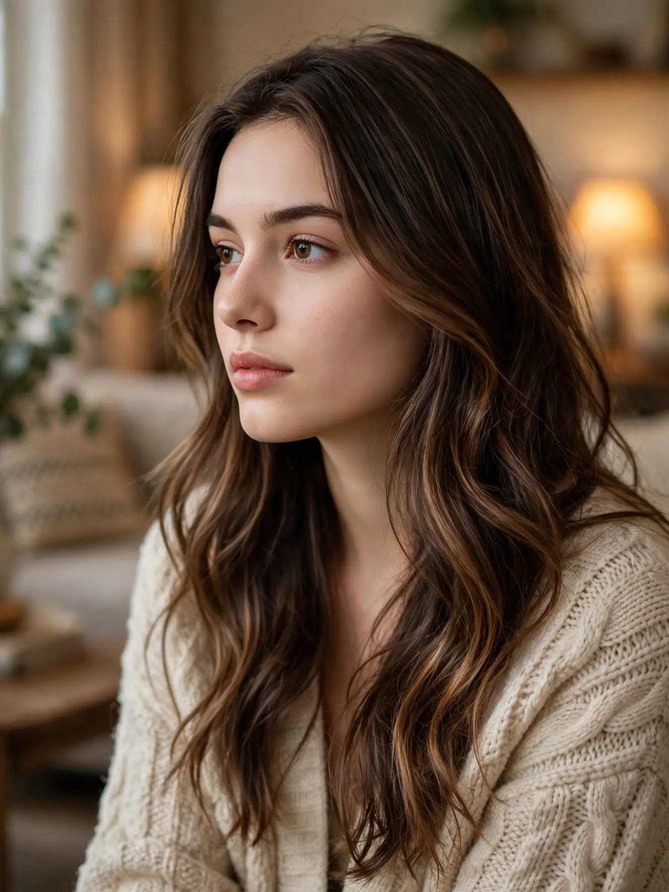 Toffee balayage highlight strands through dark brunette waves