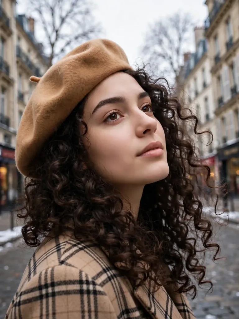 camel wool beret worn tilted over voluminous curls