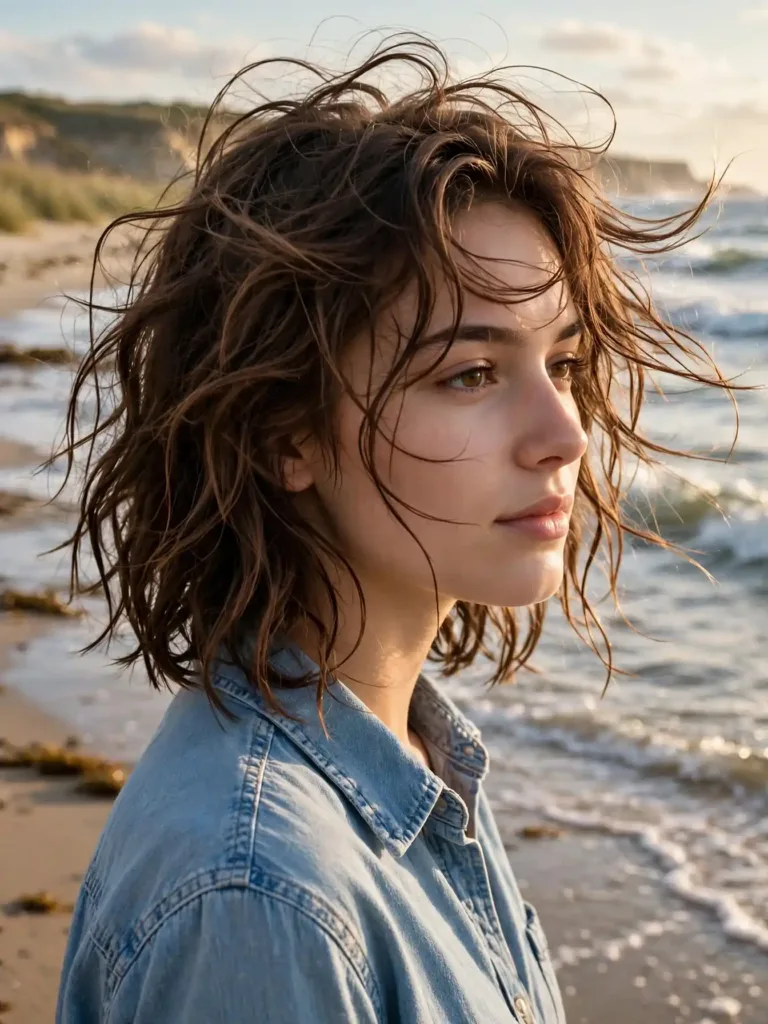 Sea salt spray scrunch waves with tousled beach texture