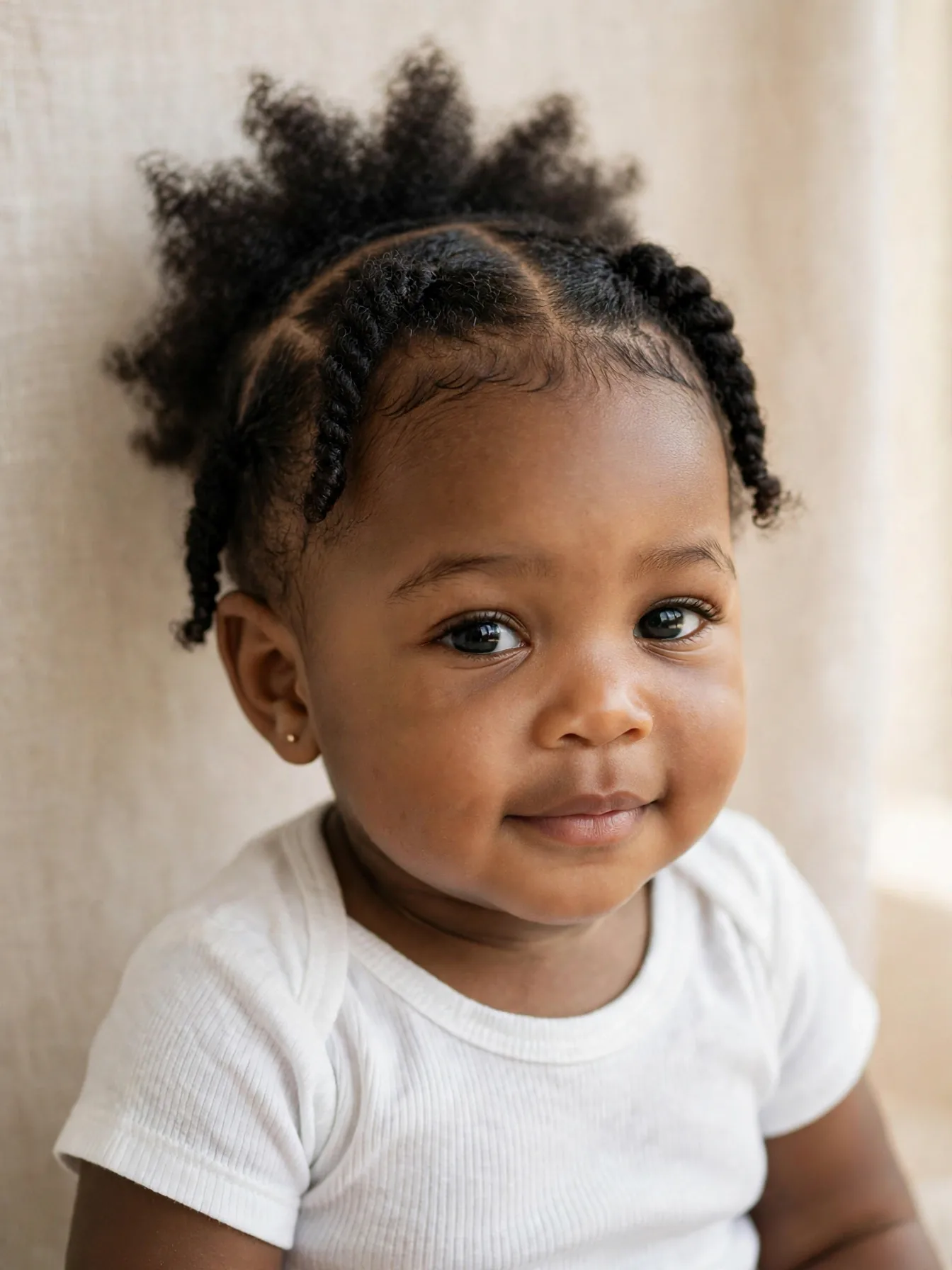infant with two flat twists along the front hairline