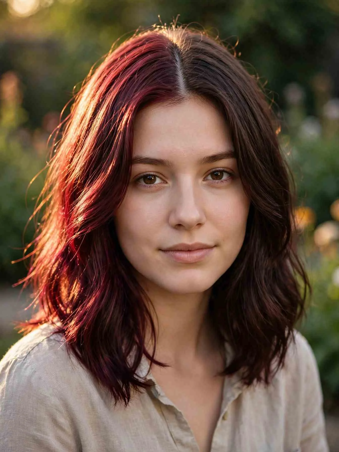 Burgundy and dark brown split dye in sunlight