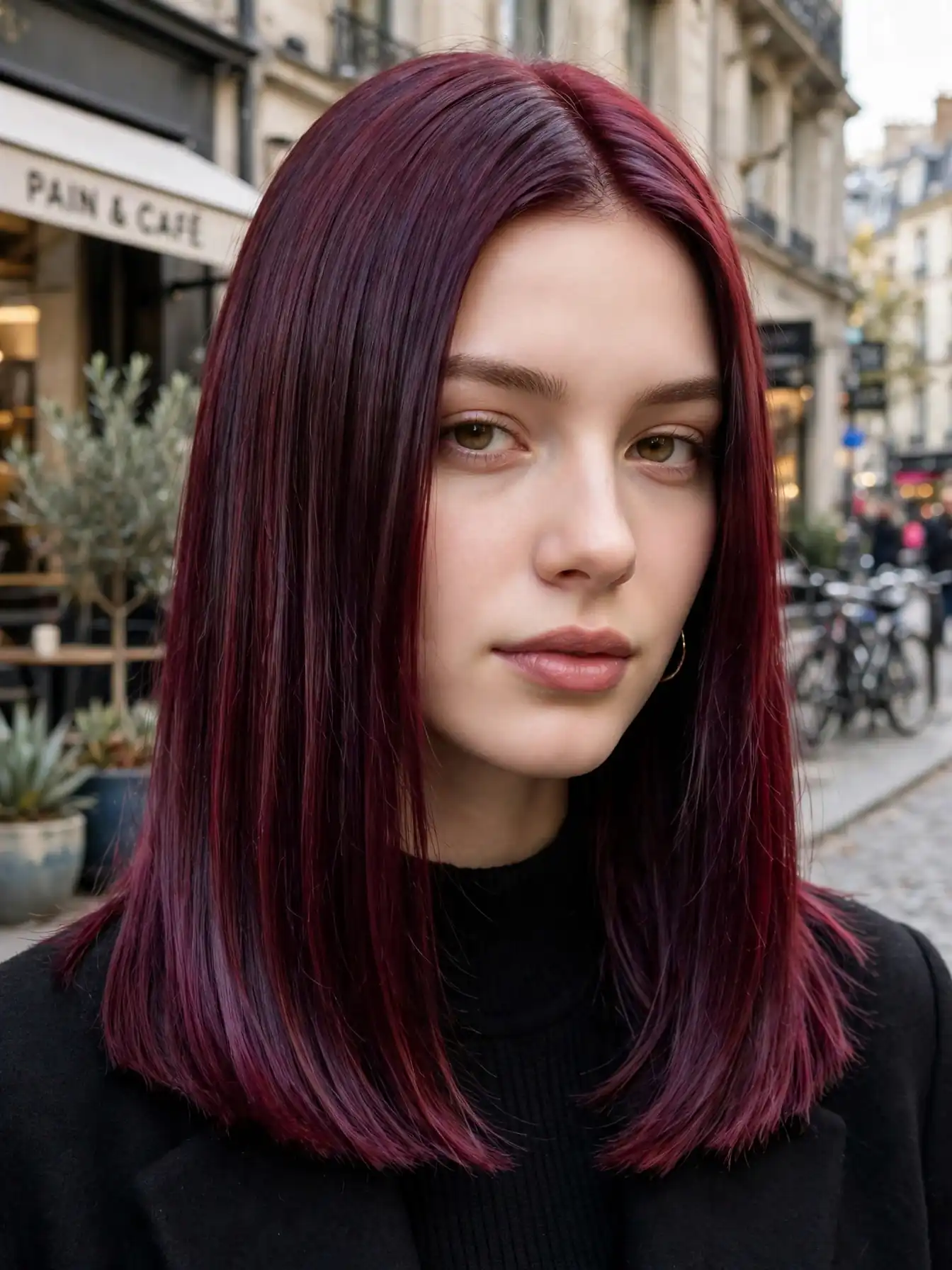 Burgundy plum brunette lob haircut with wine-red tones