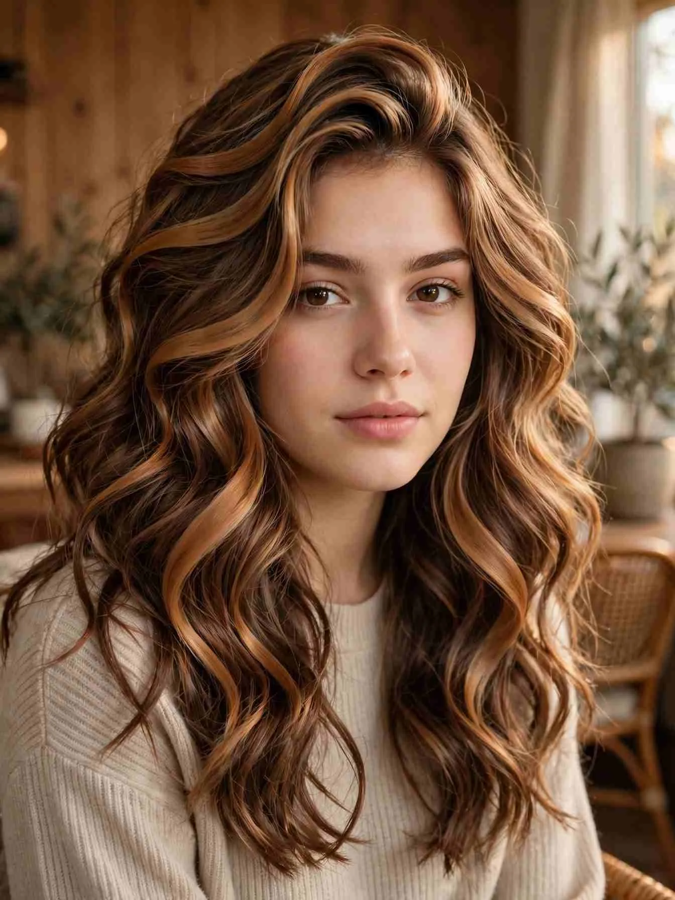 Caramel ribbon mocha latte on thick wavy hair