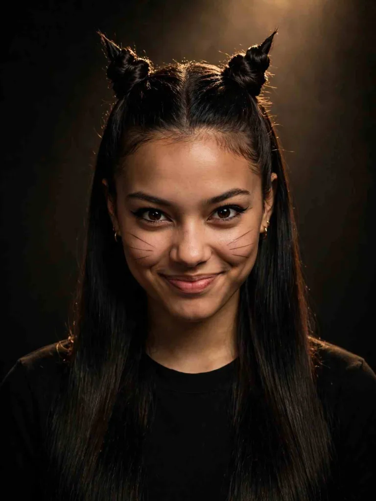 Cat bantu-knot ears with sleek straight lengths
