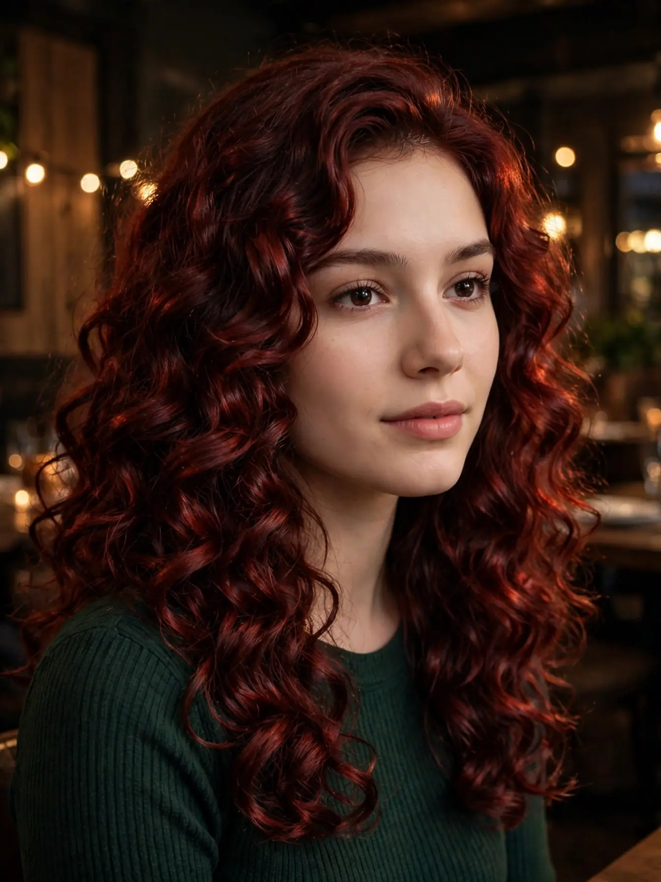 Cherry cola brunette hair color on glossy curls