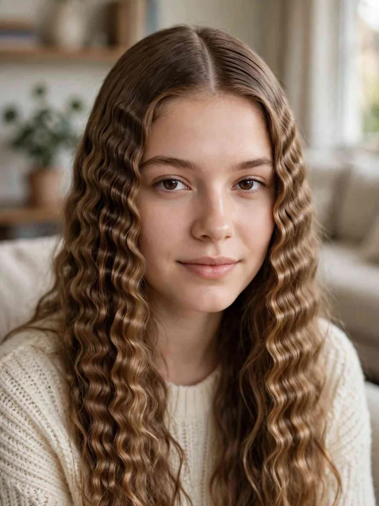 Woman with crimped lengths and a sharp center part