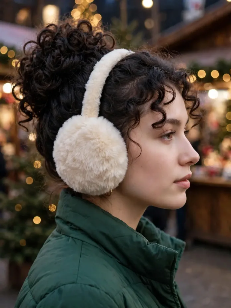 cream faux fur earmuffs worn with a curly updo in winter