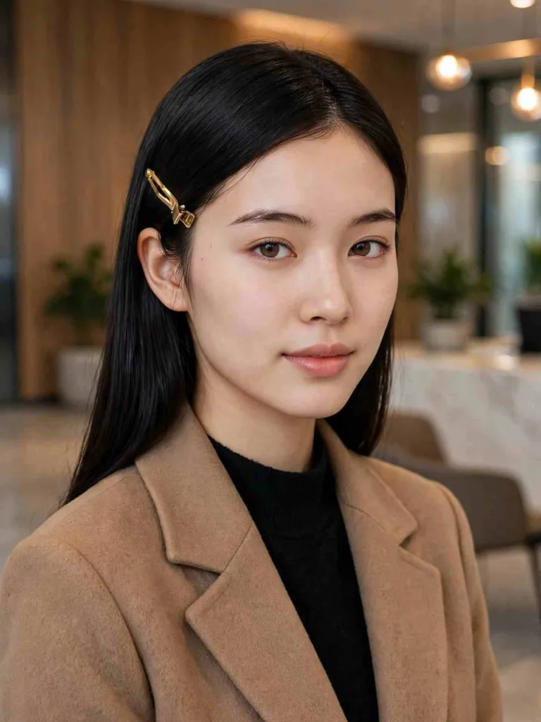 Gold French barrette pinning back one side of sleek straight hair
