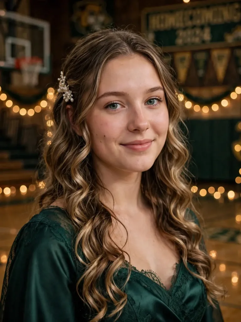 Long loose romantic curls with a pearl hair comb on one side