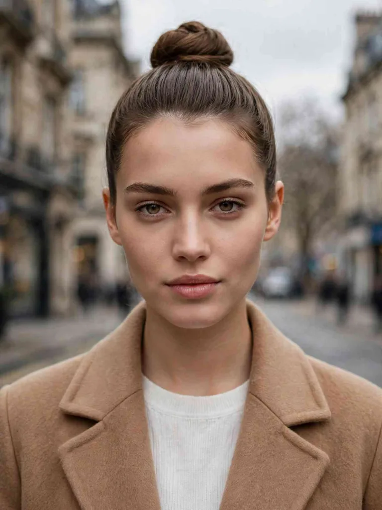 Front portrait of a woman with medium-brown hair in a smooth high top knot with sleek sides