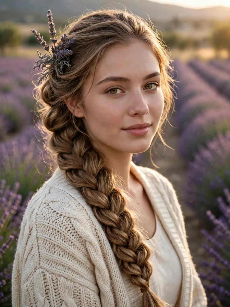Side-swept fishtail braid with dried lavender sprigs