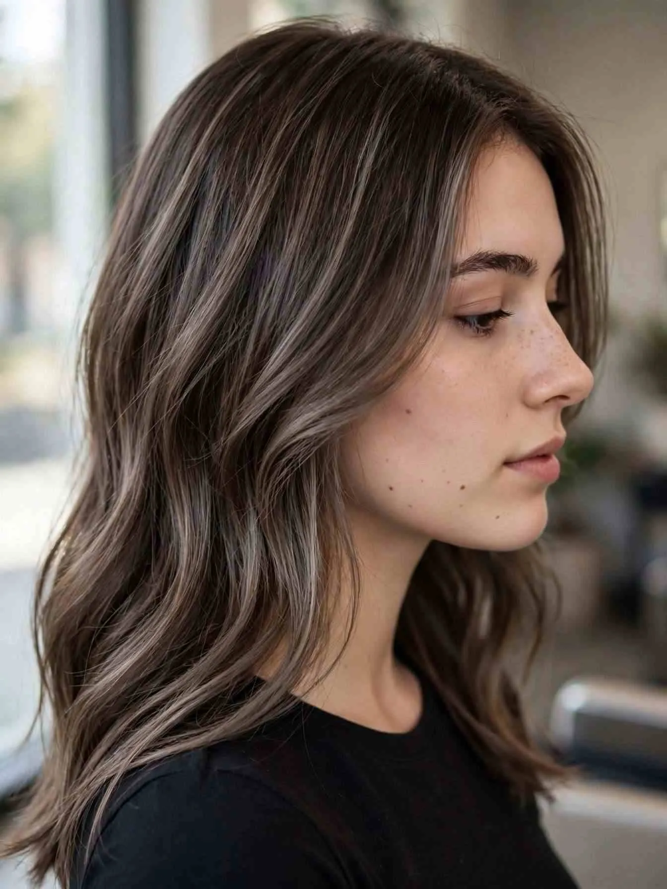 Taupe balayage highlight strands on deep brown hair