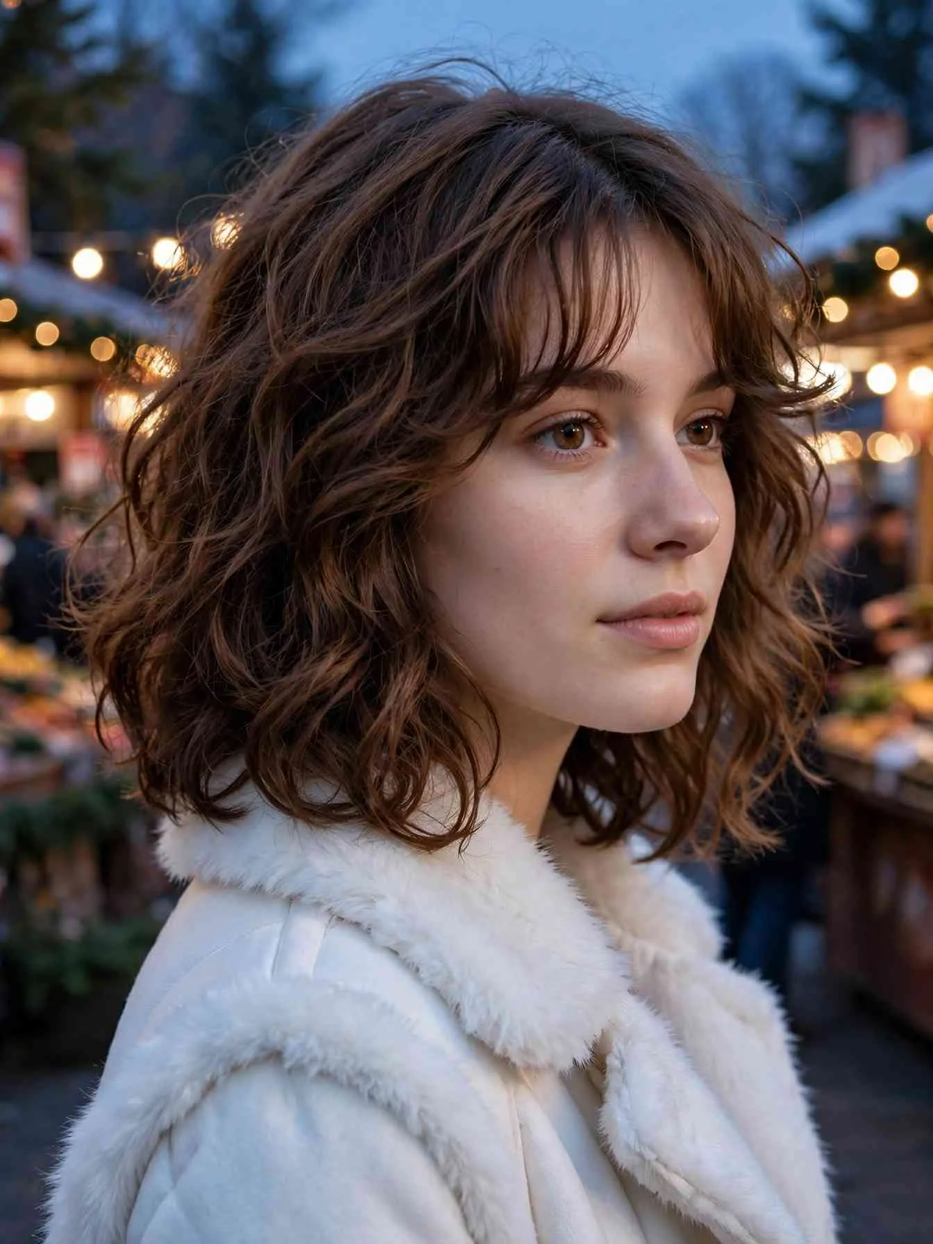 Textured lob with soft curtain bangs and tousled holiday curls