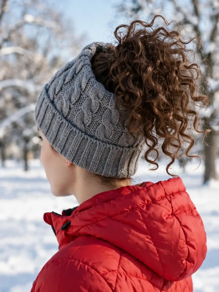 cable-knit beanie with an opening for a high curly ponytail