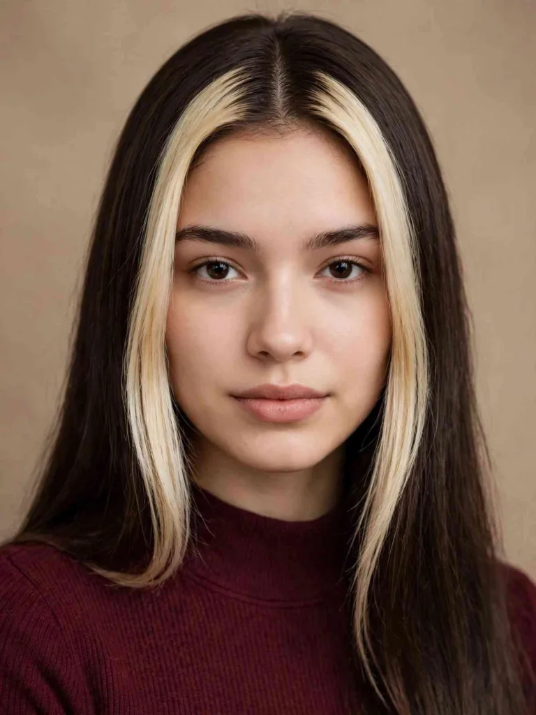 Woman with two bold blonde chunky highlight panels framing her face