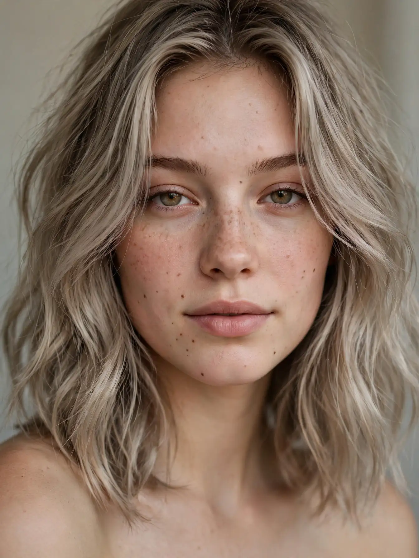 Cool beige ashy bronde melt with natural soft tone
