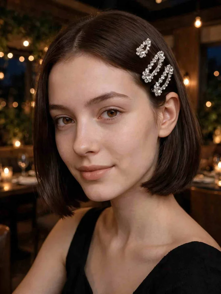 Crystal snap clips scattered above the ear on a sleek bob