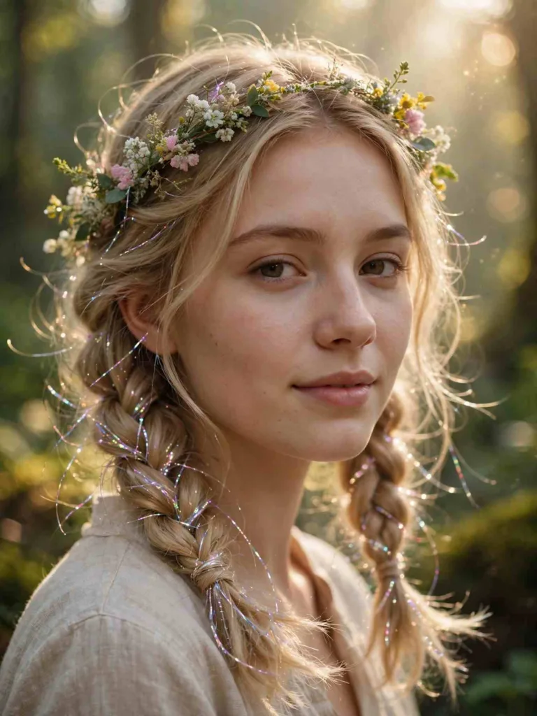 Fairy loose fishtail braids with iridescent hair tinsel