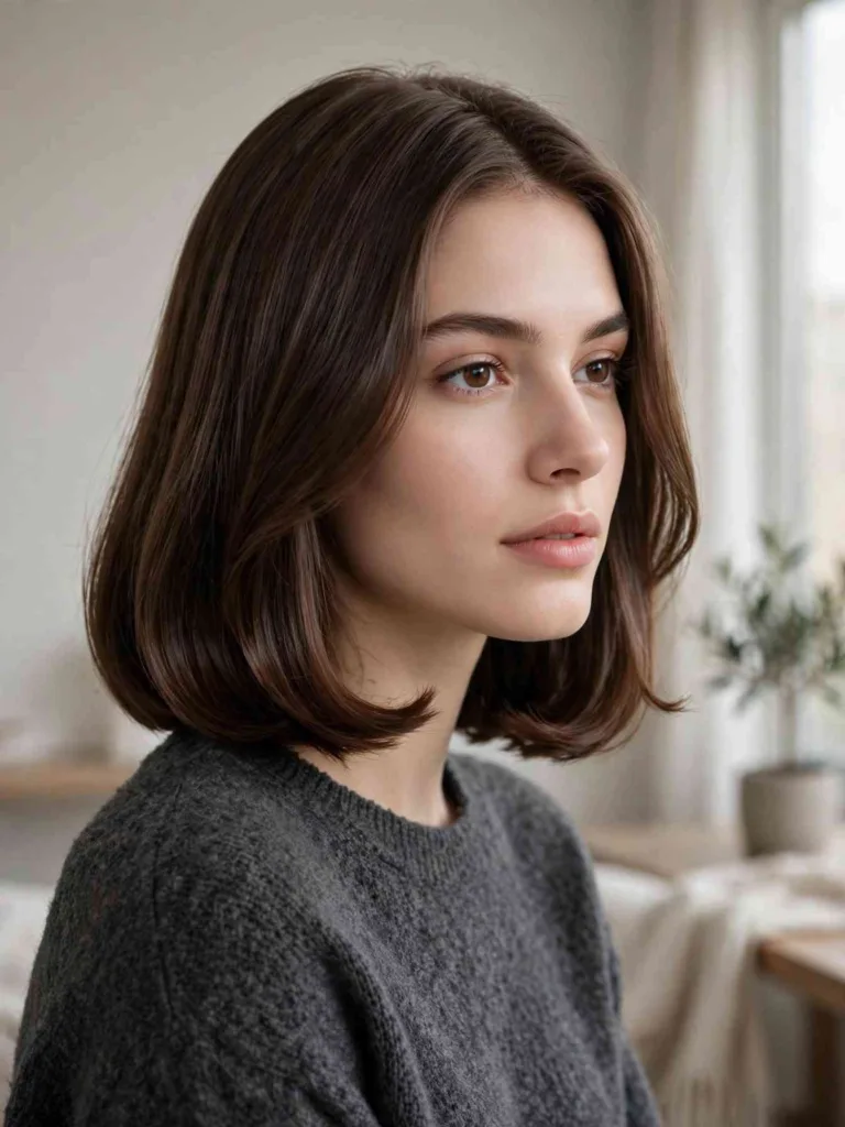 Three-quarter portrait of a woman with shoulder-length espresso-brown hair blow-dried smooth with curved-under ends