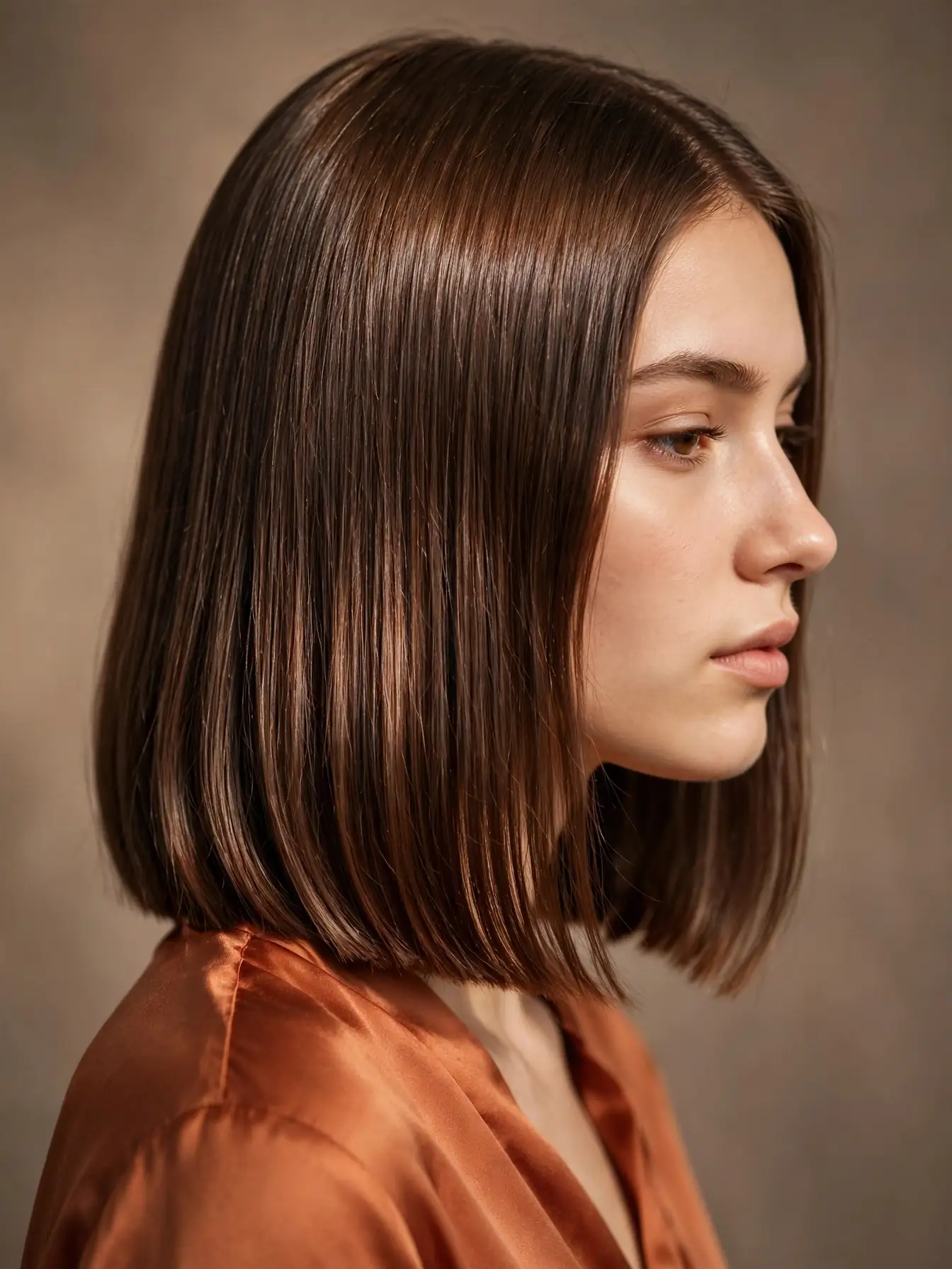 Glossy Milk Chocolate Lob Glossy collarbone lob in milk chocolate brown hair color