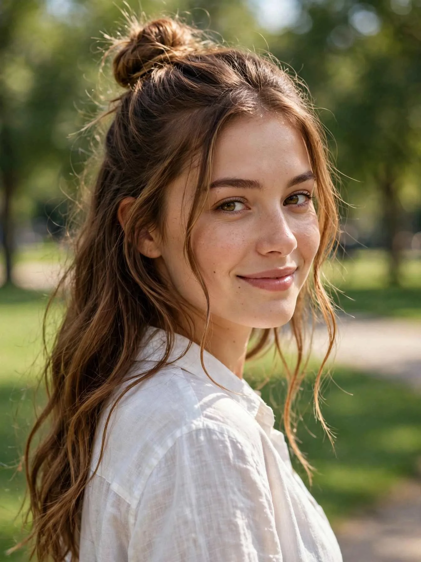 Long wavy caramel brown hair in a half up top knot with loose face framing pieces