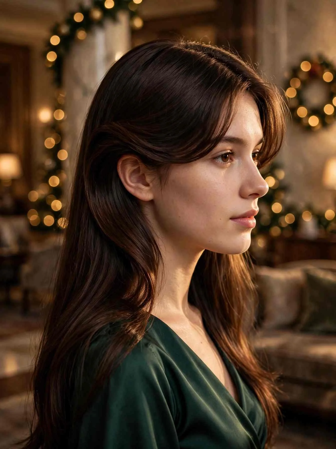 Deep side-part swoop with curtain bangs tucked behind one ear