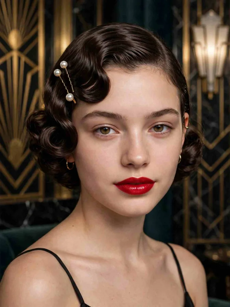 Sculpted vintage pin curls with pearl pins along one side