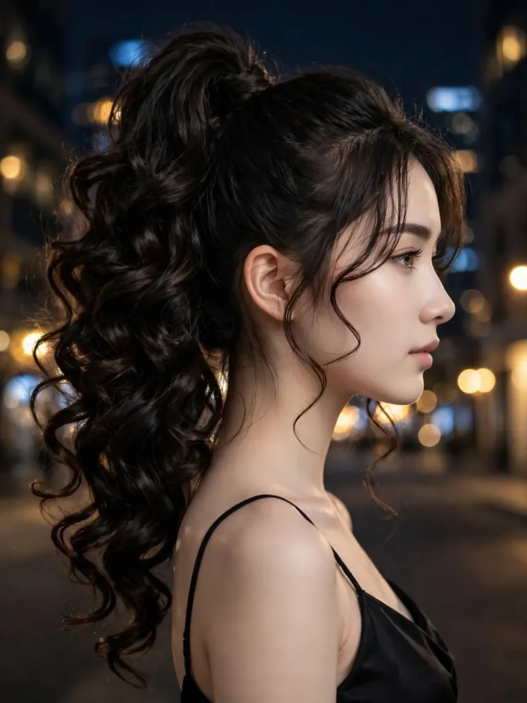 High ponytail with cascading heatless curls