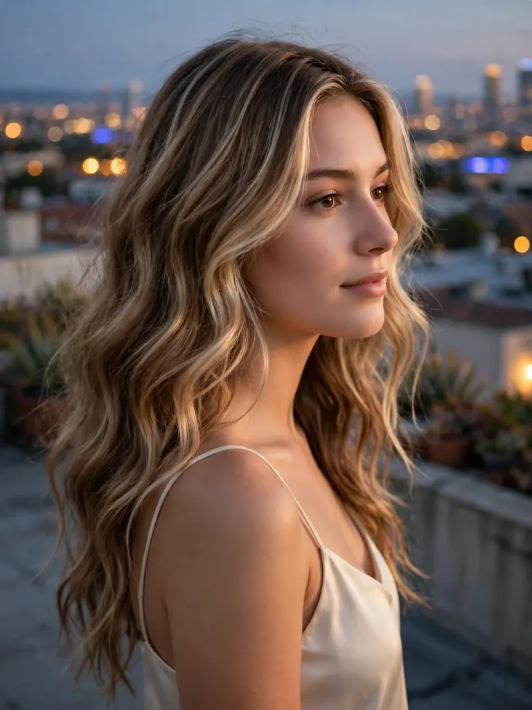 Beachy waves with face-framing blonde highlights