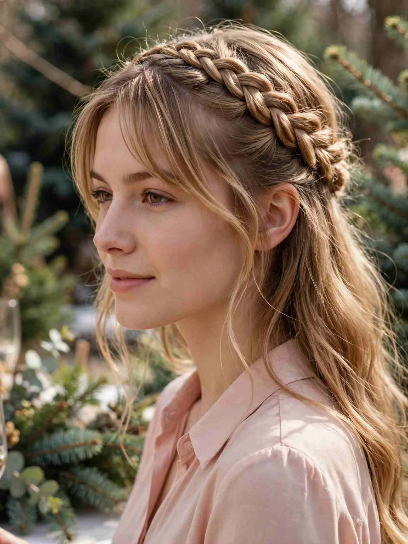 Loose braided crown with curtain bangs and gentle waves