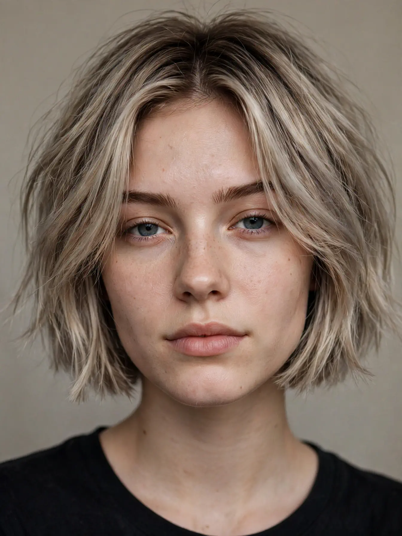 Ashy bronde melt on a textured bob haircut