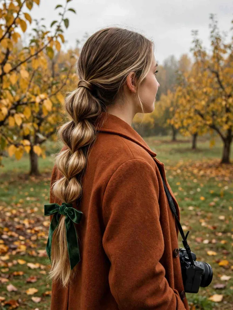 Bubble braid ponytail tied with a velvet ribbon