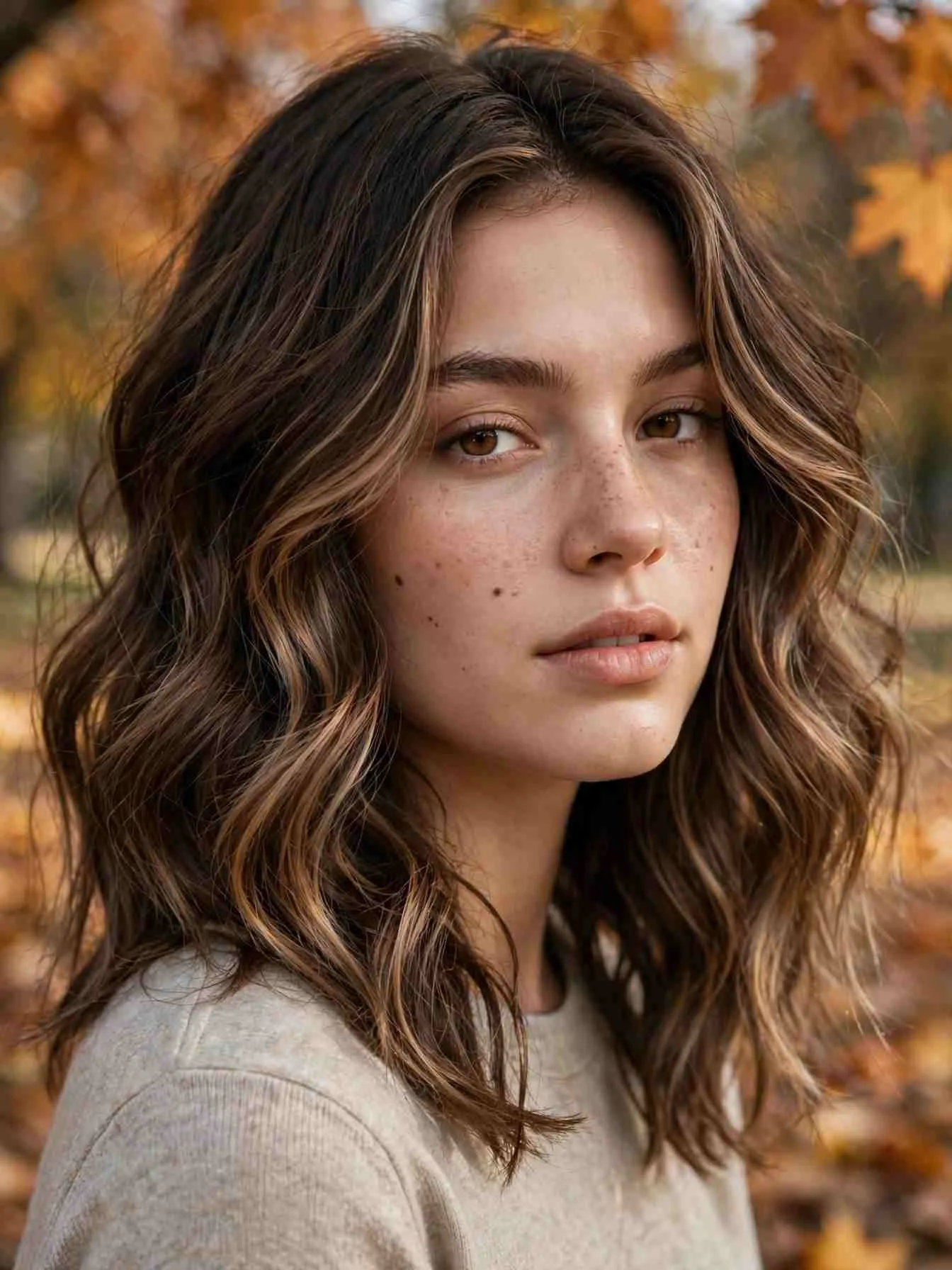 Cool caramel balayage highlight strands on brunette hair
