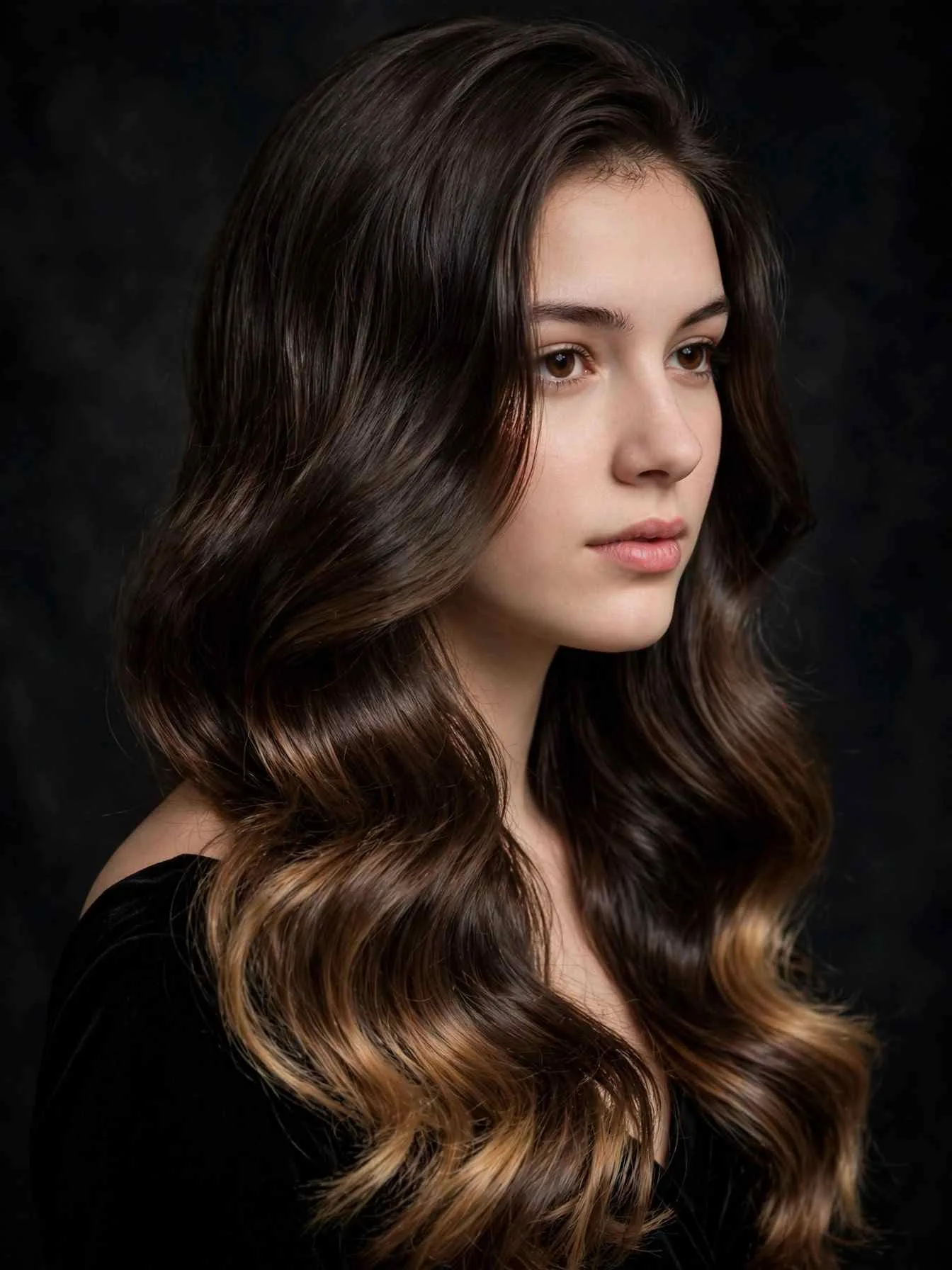 Dark chocolate mocha latte hair with glossy finish