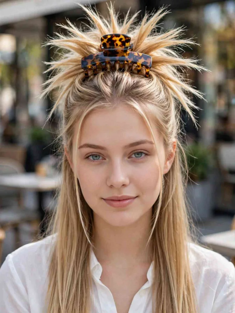 Woman with a half-up claw clip and fanned spiky ends