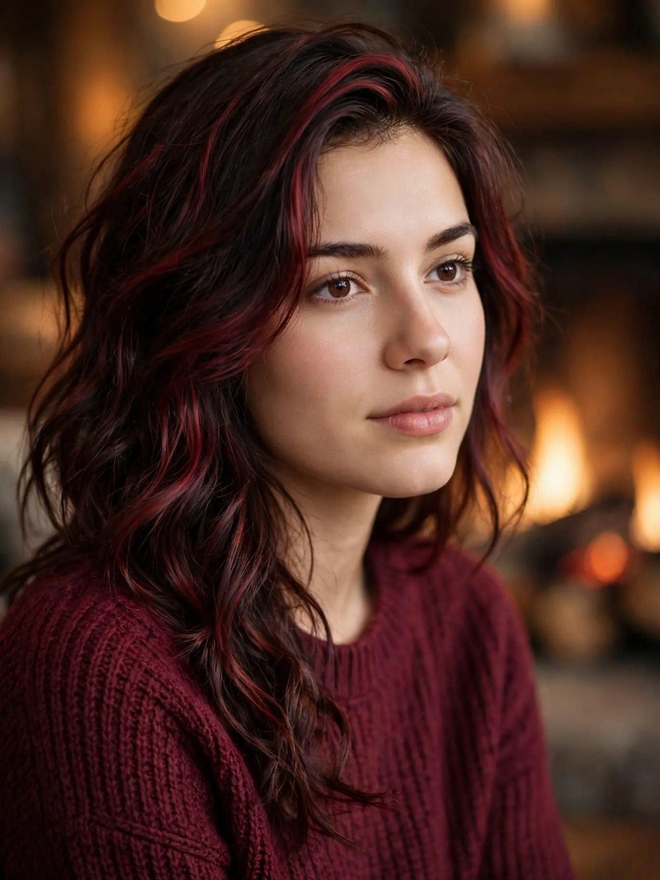 Mulled wine balayage highlight strands on dark brown hair