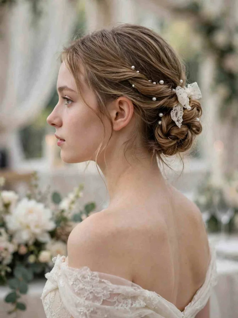 Low romantic chignon with scattered pearl pins and a lace bow