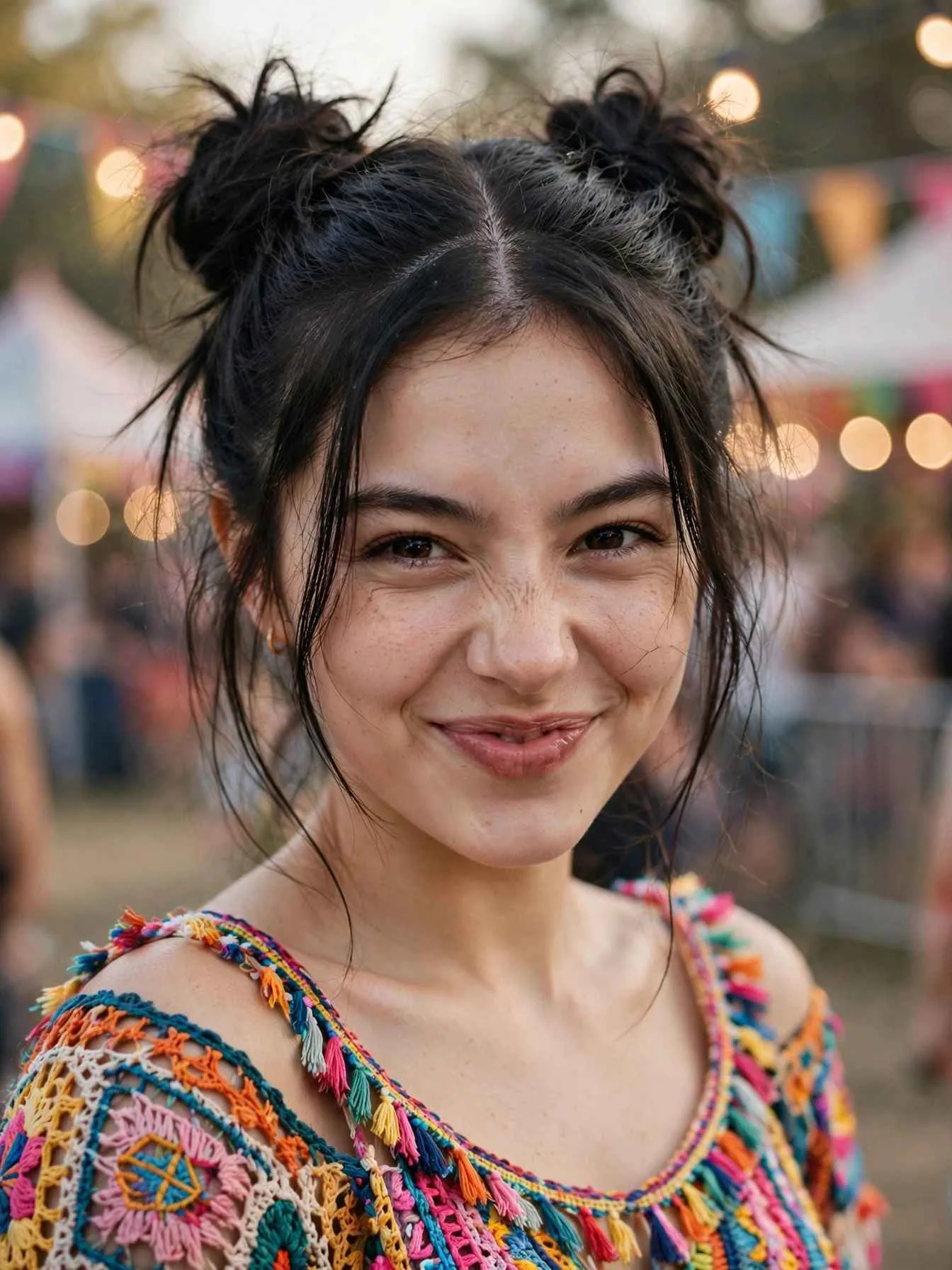 Dark hair styled in two slightly messy high space buns with a center part