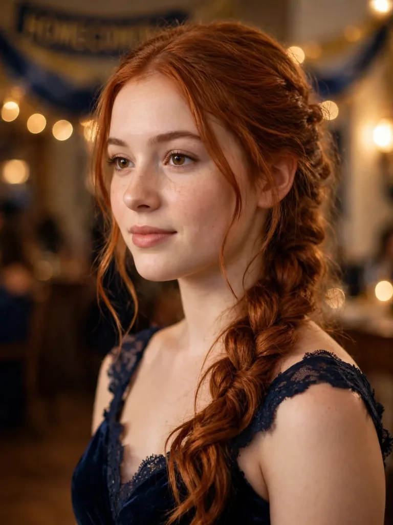 Copper-red fishtail braid draped over one shoulder