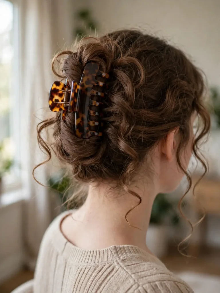 tortoiseshell claw clip securing a loose twisted curly updo