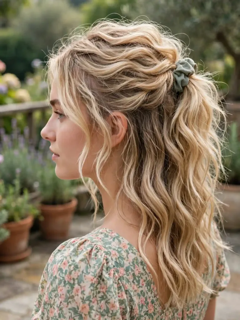 Half-up beachy waves with a loose crown knot