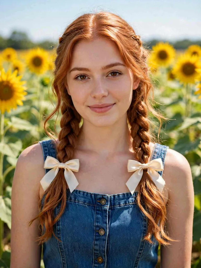 Loose braided pigtails with matching satin bows, dolly braids style