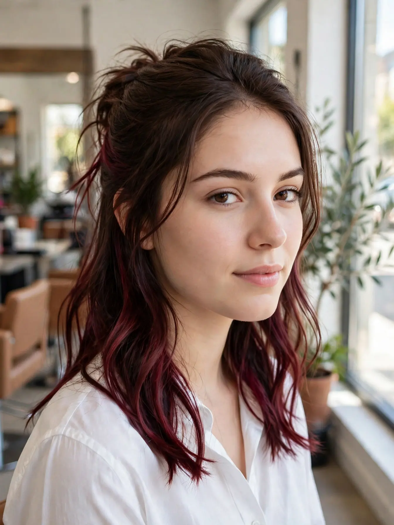 Burgundy peekaboo streaks hidden in dark brown hair