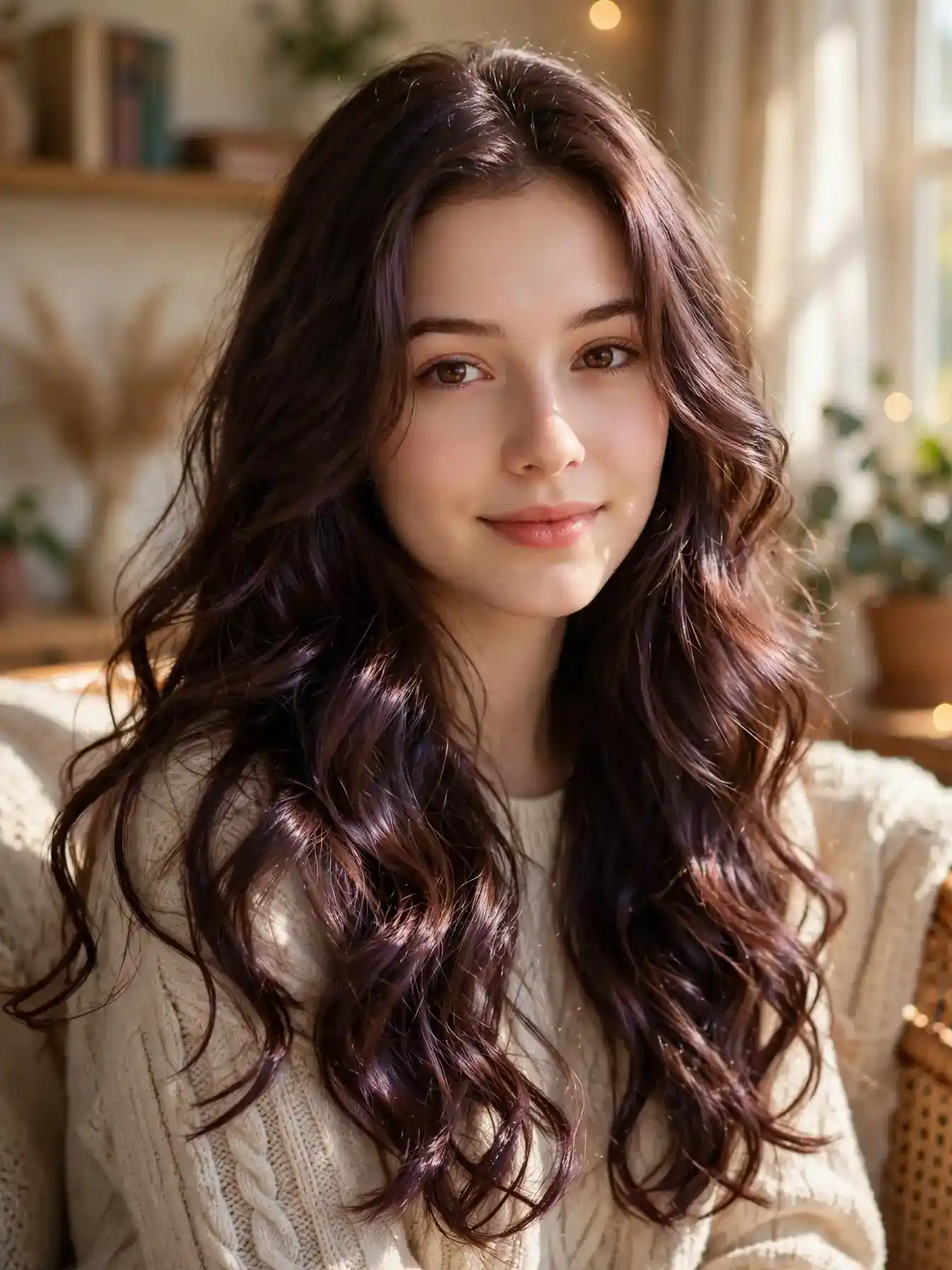 Cocoa plum brown hair with warm chocolate and violet tones